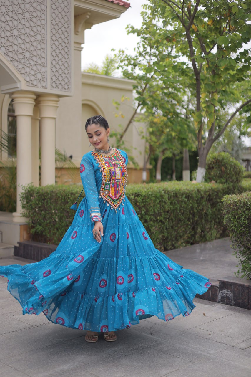RangBhoomi Bandhani & Kutchi Patchwork Faux Georgette Gown — Navratri Collection 2026