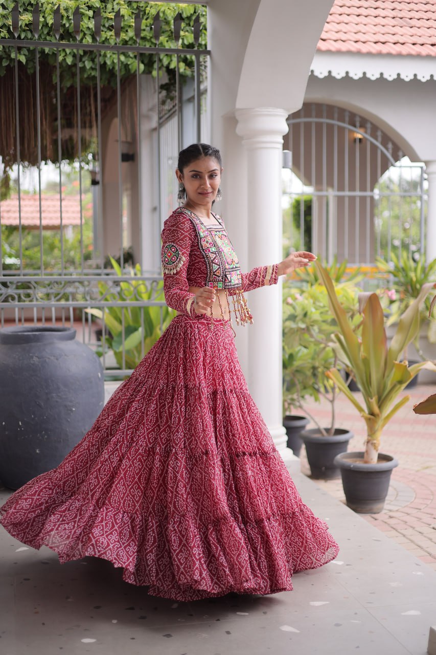 RangBhoomi Bandhni Faux Georgette Full-Stitched Lehenga Set with Designer Square Neck Blouse