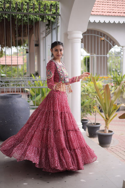 RangBhoomi Bandhni Faux Georgette Full-Stitched Lehenga Set with Designer Square Neck Blouse