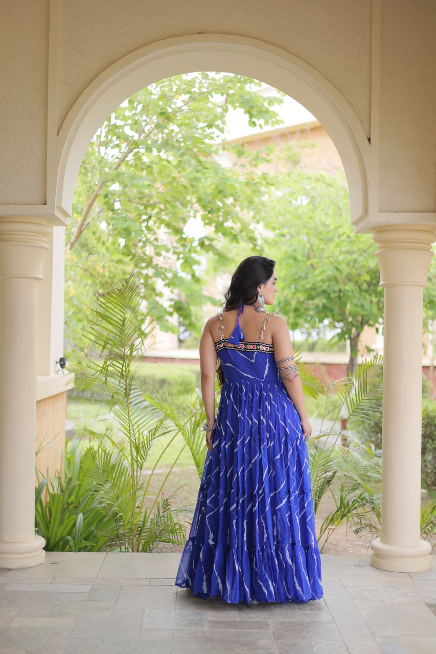 RangBhoomi Navratri Laheriya Patchwork Faux Georgette Gown - Sleeveless 56" Length, L (Adjustable 38-44)