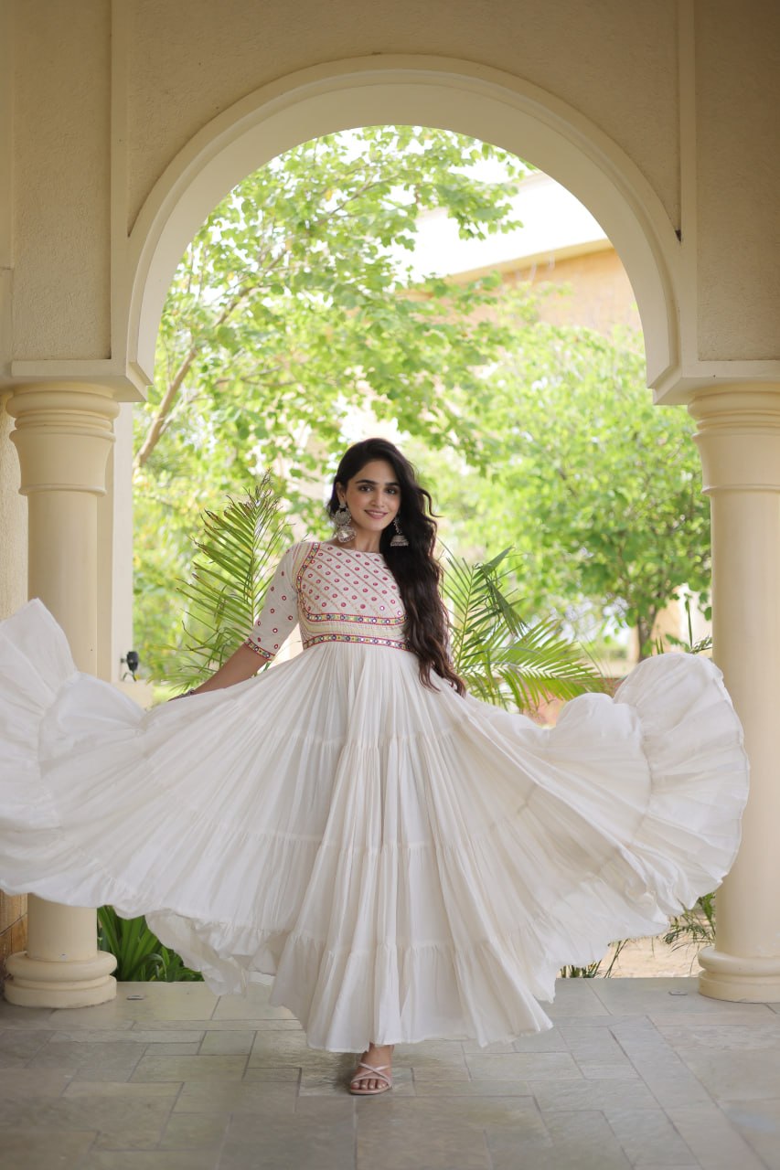 RangBhoomi Navratri Embroidered Kora Cotton Gown — Off-White & Black, 56" Length