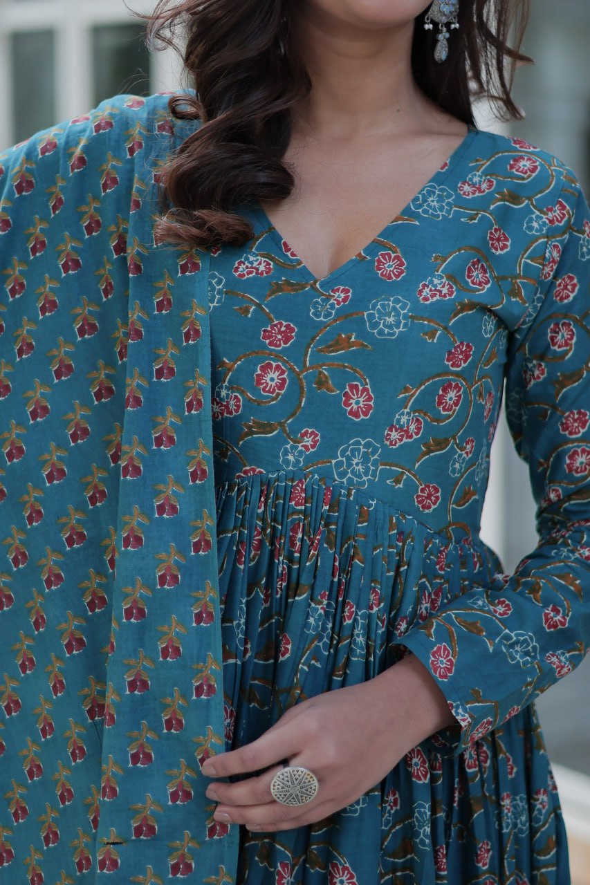 Premium Gown Set: Cotton Kurti, Pant & Dupatta