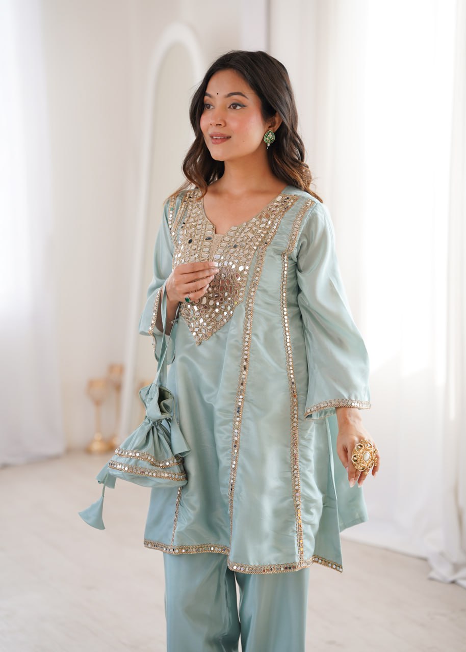Ready-to-Wear Kurti and Pant Set with Decorative Drawstring Bag - Mirror Embroidered Collection 2026