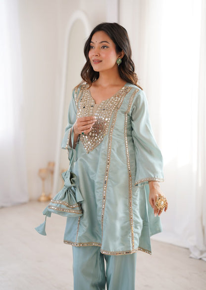 Ready-to-Wear Kurti and Pant Set with Decorative Drawstring Bag - Mirror Embroidered Collection 2026