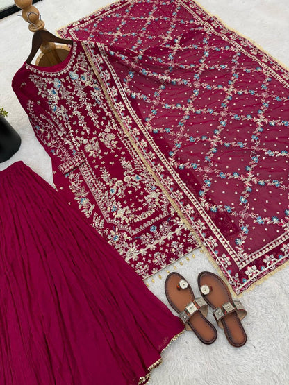 Elegant Ready-to-Wear Designer Set in Faux Georgette with Intricate Heavy Embroidery and Sequins - Fully Stitched Top, Bottom, and Dupatta
