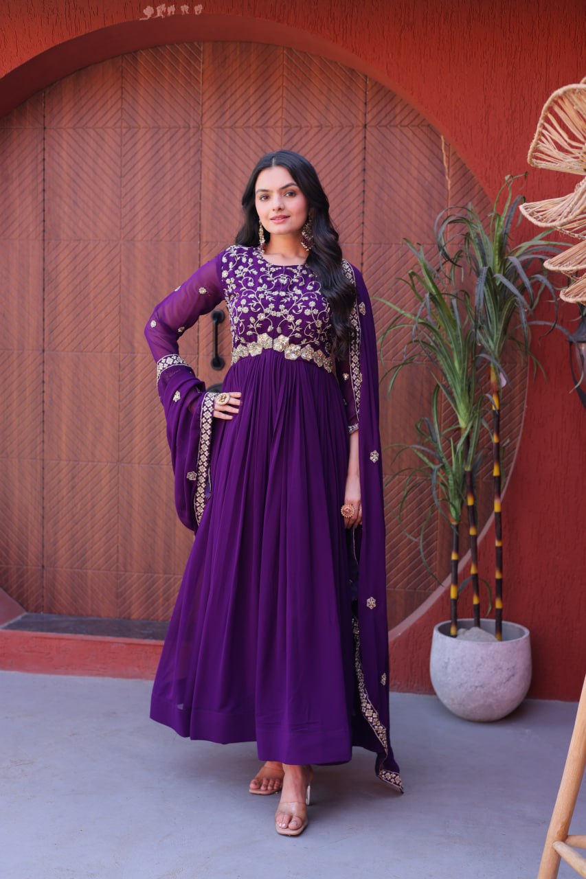 Elegant Gown and Dupatta Set with Embroidered Faux Blooming Fabric by RangBhoomi
