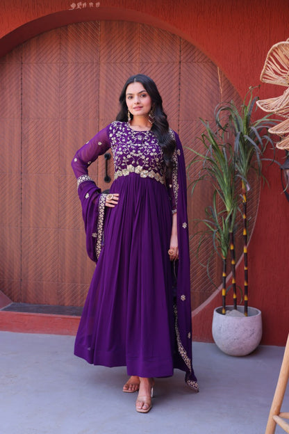 Elegant Gown and Dupatta Set with Embroidered Faux Blooming Fabric by RangBhoomi