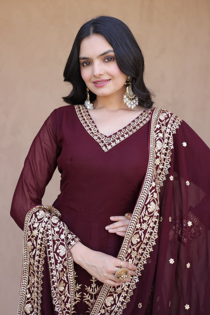RangBhoomi Premium Readymade Gown with Pant & Dupatta Set - Embroidered Faux Blooming Festive Ensemble