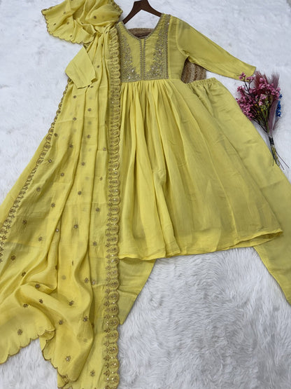 Premium Ready-to-Wear Mal Mal Chanderi Gown Set with Roman Silk Pants and Embroidered Dupatta
