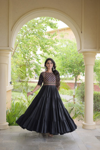RangBhoomi Navratri Embroidered Kora Cotton Gown — Off-White & Black, 56" Length