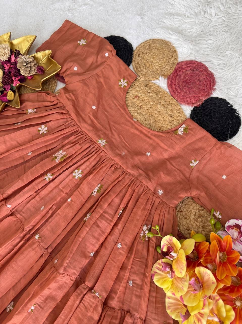 Elegant Floral Mull Cotton Chanderi Midi Gown for Summer – Embroidered, Fully Stitched, Available in Multiple Sizes