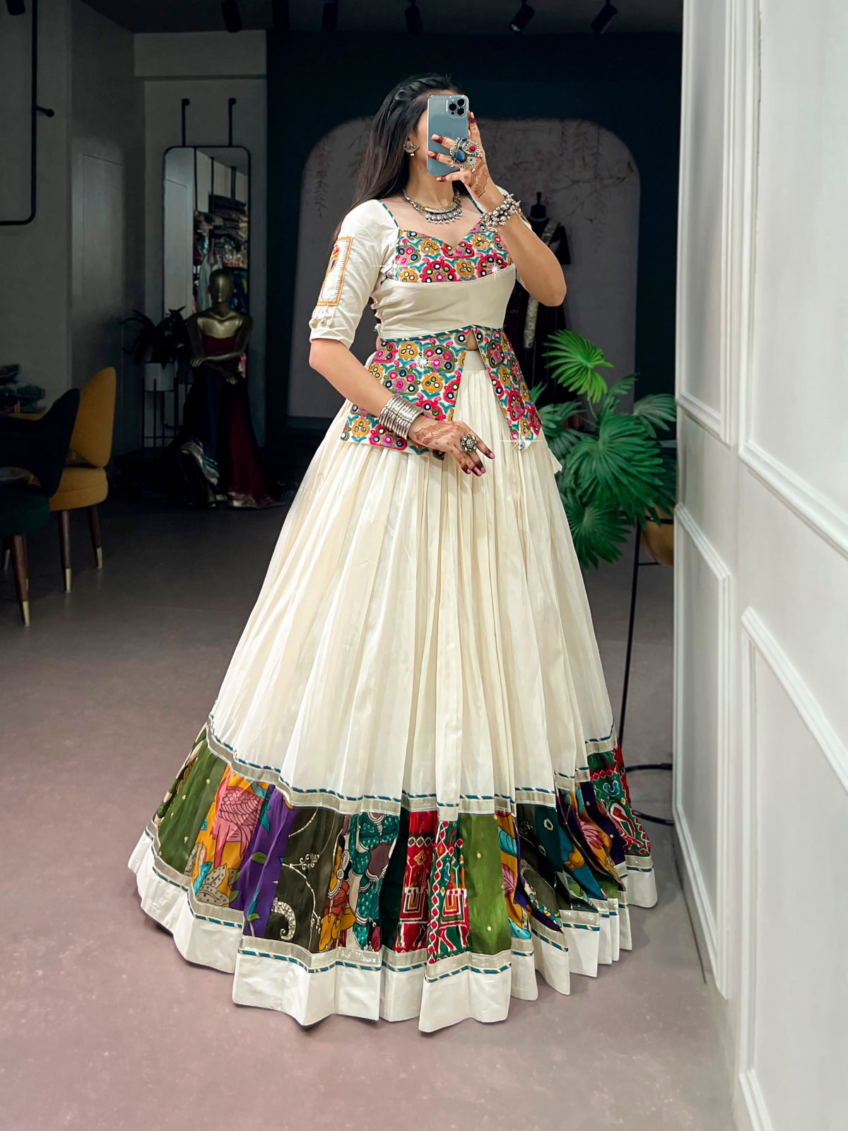 RangBhoomi Khadi Cotton Navratri Lehenga with Multicolor Panel Borders and Gamthi Blouse