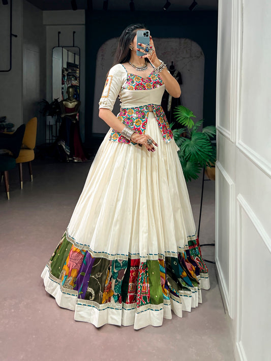 RangBhoomi Khadi Cotton Navratri Lehenga with Multicolor Panel Borders and Gamthi Blouse