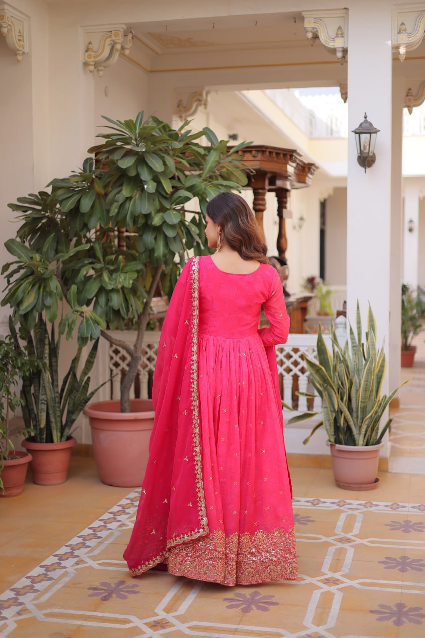 Premium Ready-to-Wear Silk Gown with Embroidered Sequined Dupatta Set