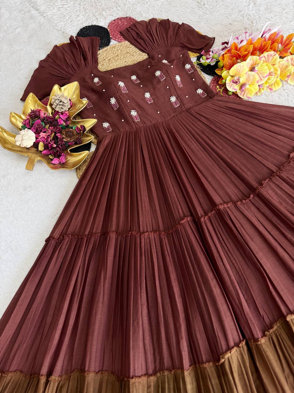 Latest Summer Special Mull-Mull Cotton Gown with Elegant Maggam Embroidery
