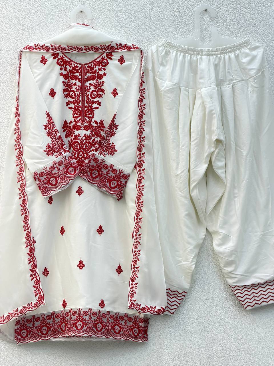 Elegant Women's Ethnic Ensemble with Embroidered Rayon Cotton Top, Farshi Pants, and GMY Silk Dupatta