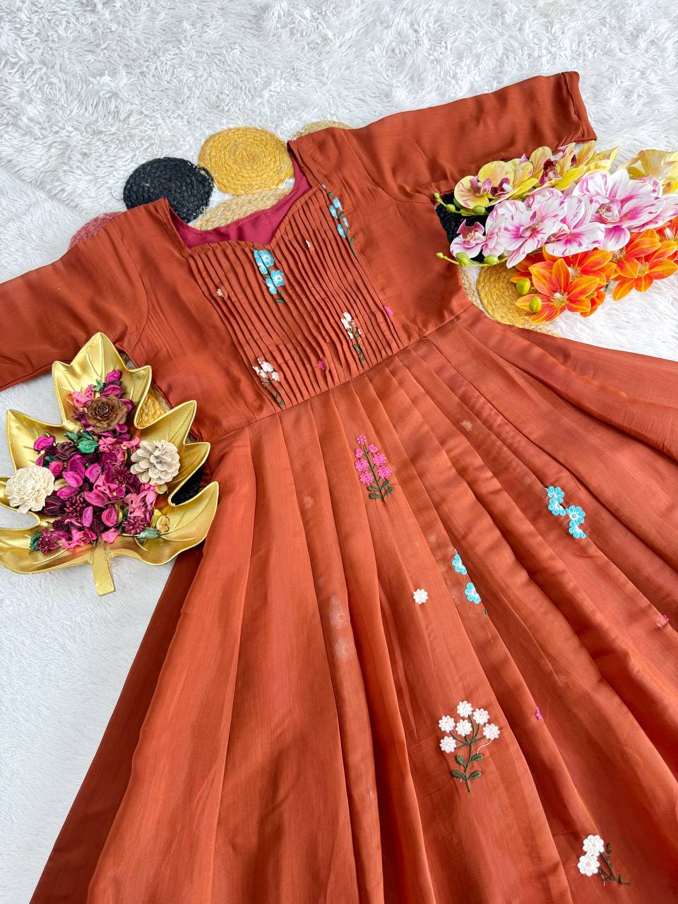 Embroidered Mull Cotton Festival Gown – Elegant Fully Stitched Celebration Wear