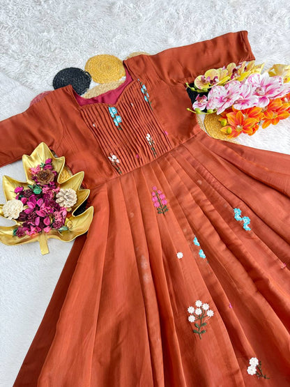 Embroidered Mull Cotton Festival Gown – Elegant Fully Stitched Celebration Wear
