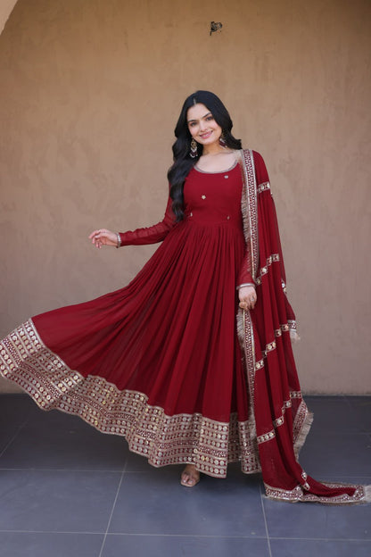 RangBhoomi Festive Faux Blooming Gown with Embroidered Dupatta - Rama & Maroon