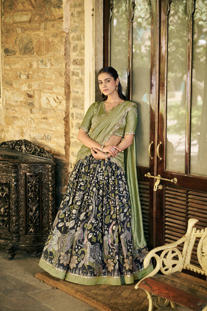Elegant Kalamkari Silk Lehenga Set with Embroidered Dupatta for Festive and Traditional Occasions