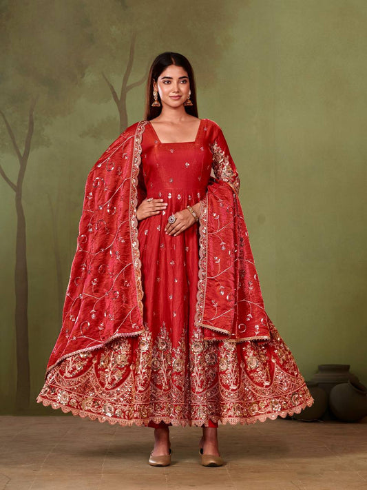 RangBhoomi Designer Party Wear Gown Set — 10 Colors, Heavy Jelly Shimmer Silk, Fully Stitched Embroidered Gown with Dupatta & Micro-Cotton Pant