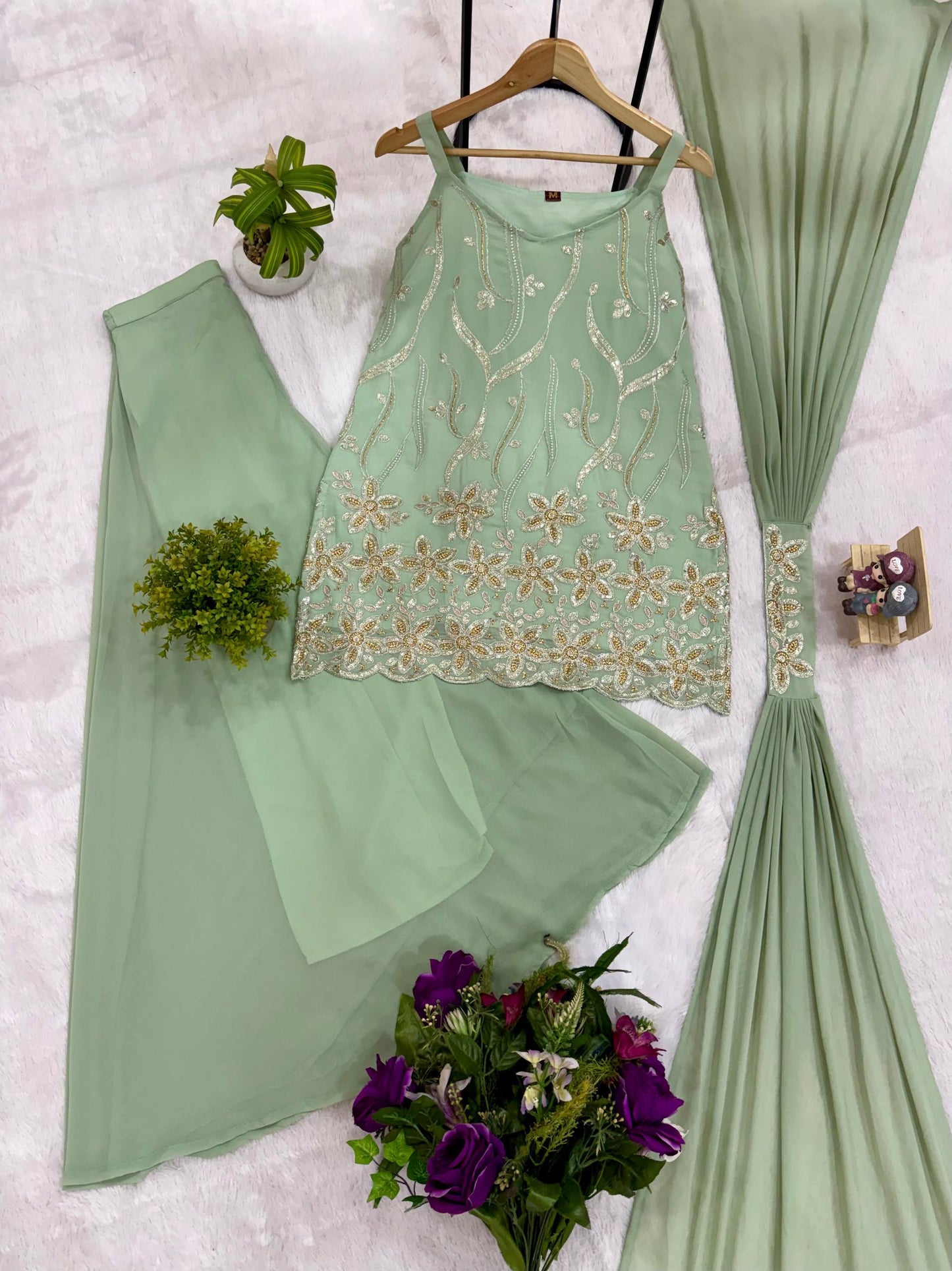 RangBhoomi Heavy Embroidered 3-Piece Suit Set with Fancy Lace (Faux Georgette)