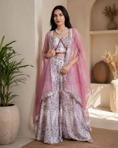 RangBhoomi Designer Indo-Western Luxury Edit — Floral Printed French Crepe Top with Palazzo & Organza Cape