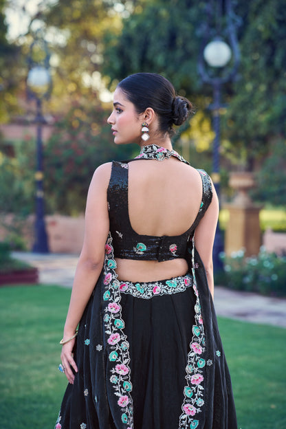Elegant Black Lehenga Choli Set with Sequins and Thread Embroidery – Traditional Festive and Wedding Wear