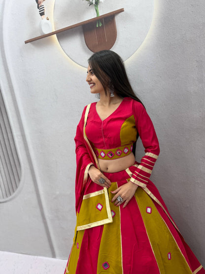RangBhoomi Navratri Mirror-Work Roman Silk Lehenga Choli - 6+ Meter Flair