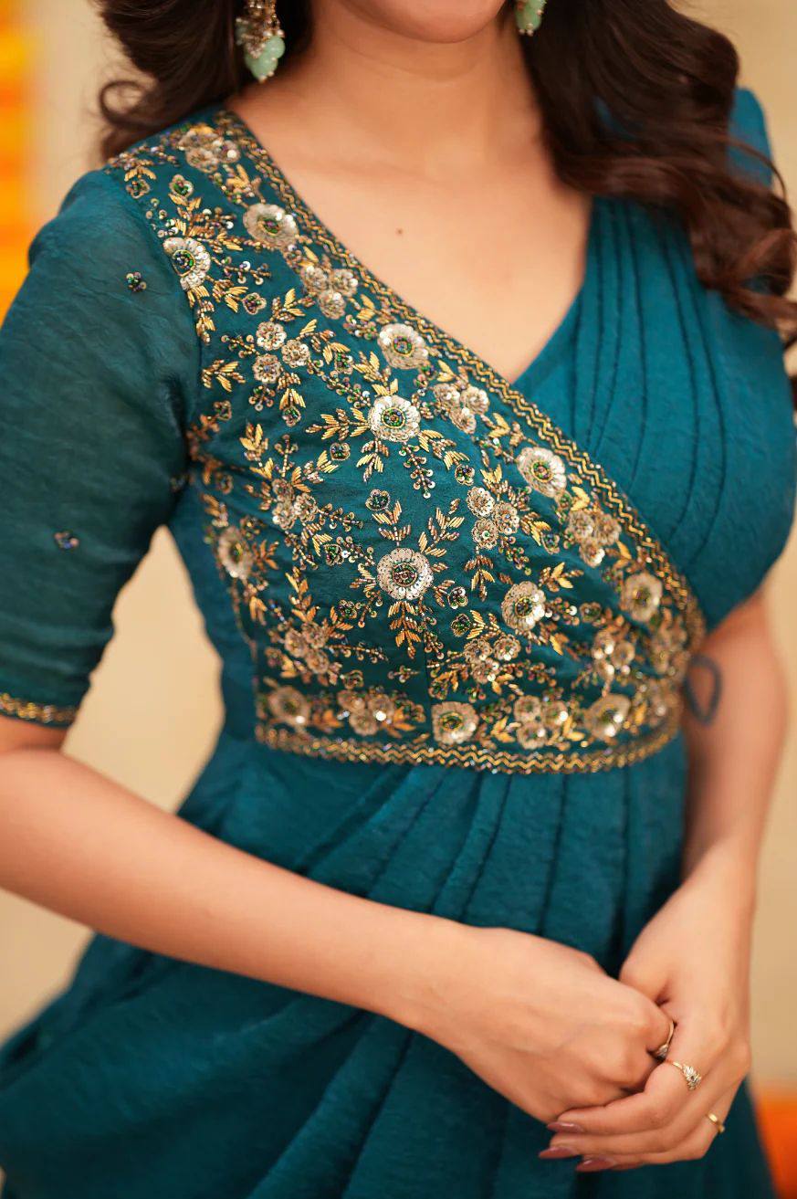 Aqua Saree-Anarkali displaying the lightweight georgette fabric and intricate embroidery.