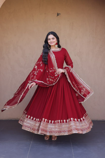 RangBhoomi Premium Maroon Embroidered Faux Blooming Ready‑Made Gown with Dupatta