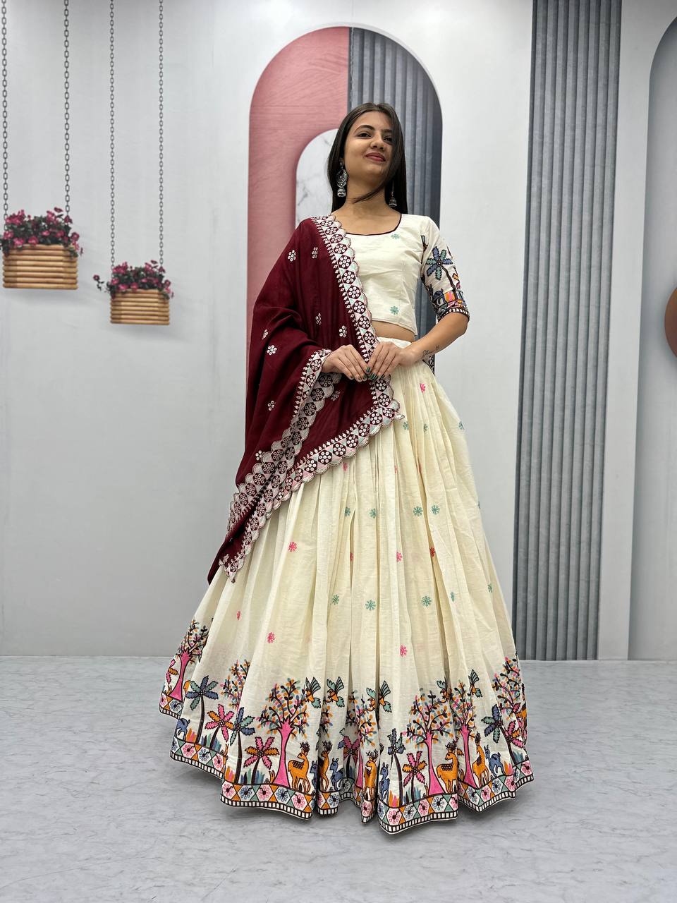 Full view of the Rangbhoomi Lehenga, featuring the embroidered dupatta and cotton lehenga.