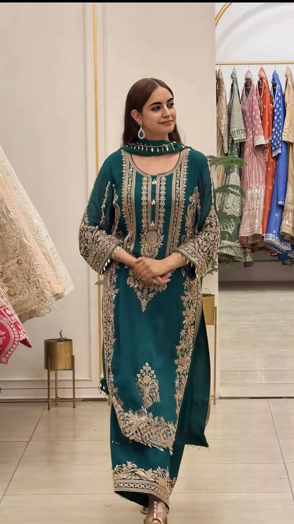 RangBhoomi Faux Georgette Heavy Embroidery Sequins Top-Bottom with Dupatta — Fully Stitched Set