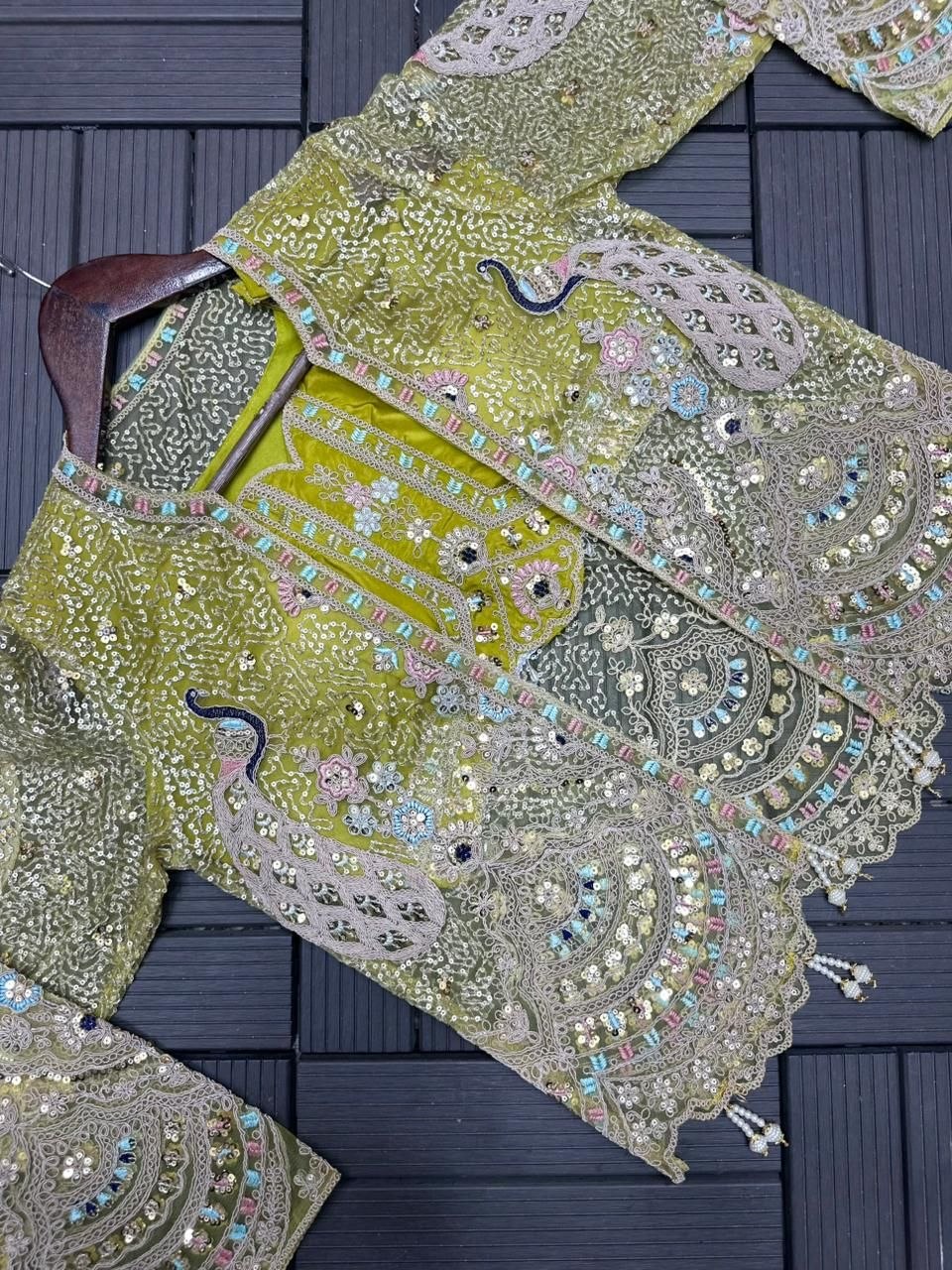 Trendy Party Wear Satin Lehenga with Embroidered Belt and Stylish Net Koti
