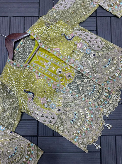 Trendy Party Wear Satin Lehenga with Embroidered Belt and Stylish Net Koti
