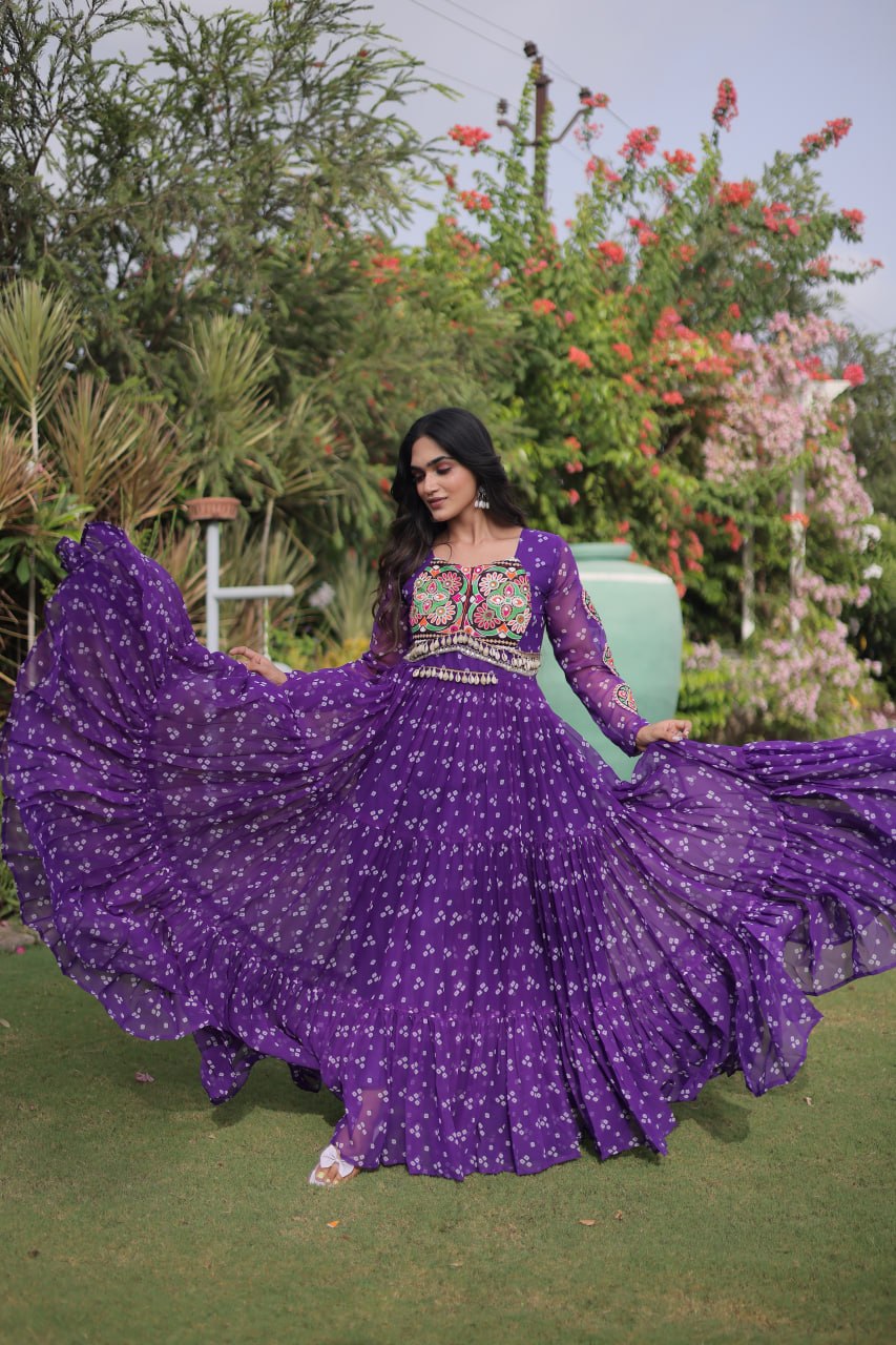 RangBhoomi Bandhani & Kutchi Patchwork Faux Georgette Gown — Full Sleeve, 12m Flair, Cotton Lining