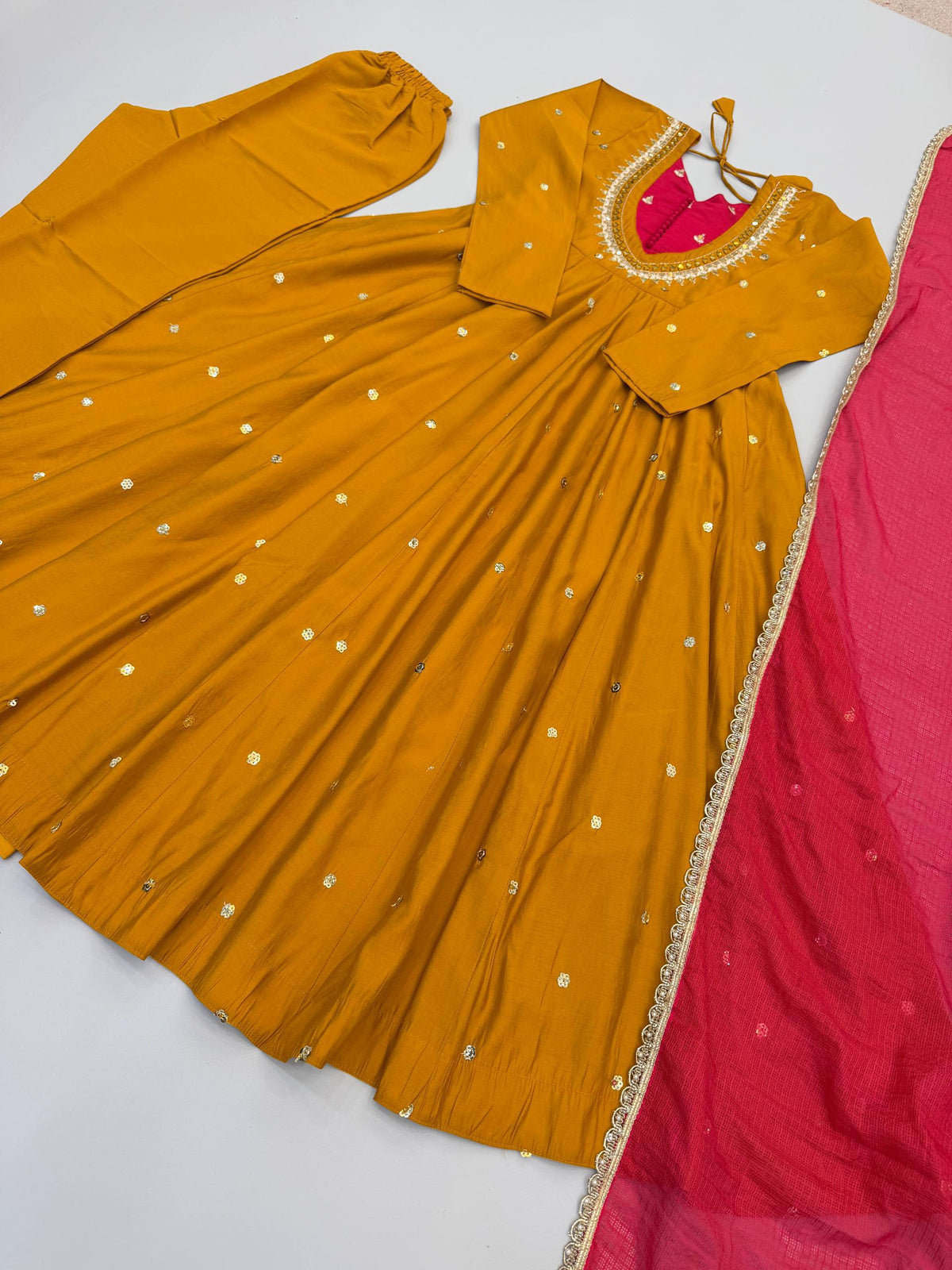 RangBhoomi Roman Silk Anarkali Set with Mirror Embroidery & Kota Chexs Dupatta - Ready-to-Wear