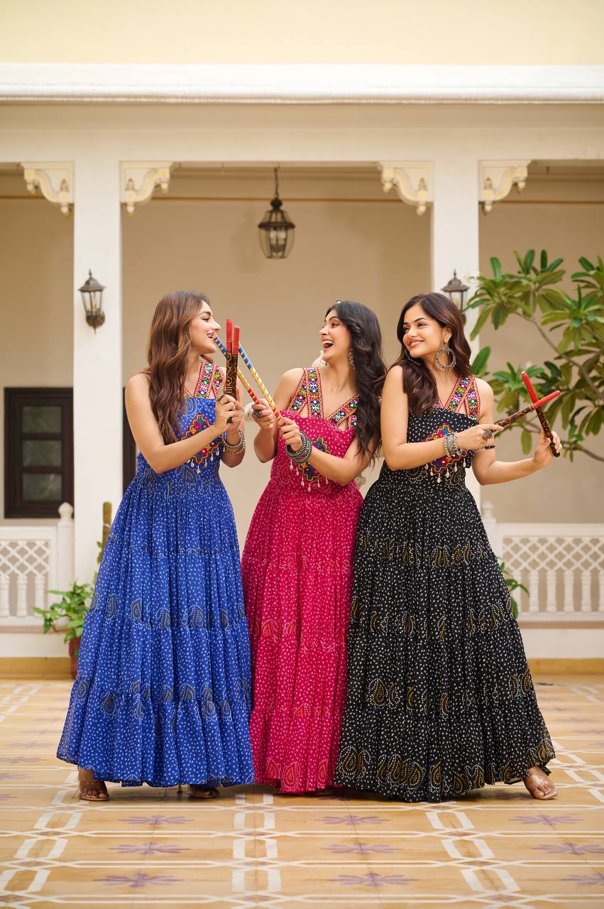 Vibrant Bandhani Gamathi Work Gown – Festive Flair for Navratri