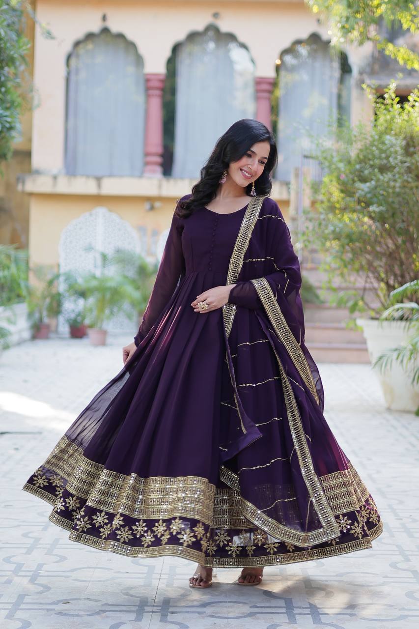 Embroidered Faux Blooming Gown with Dupatta
