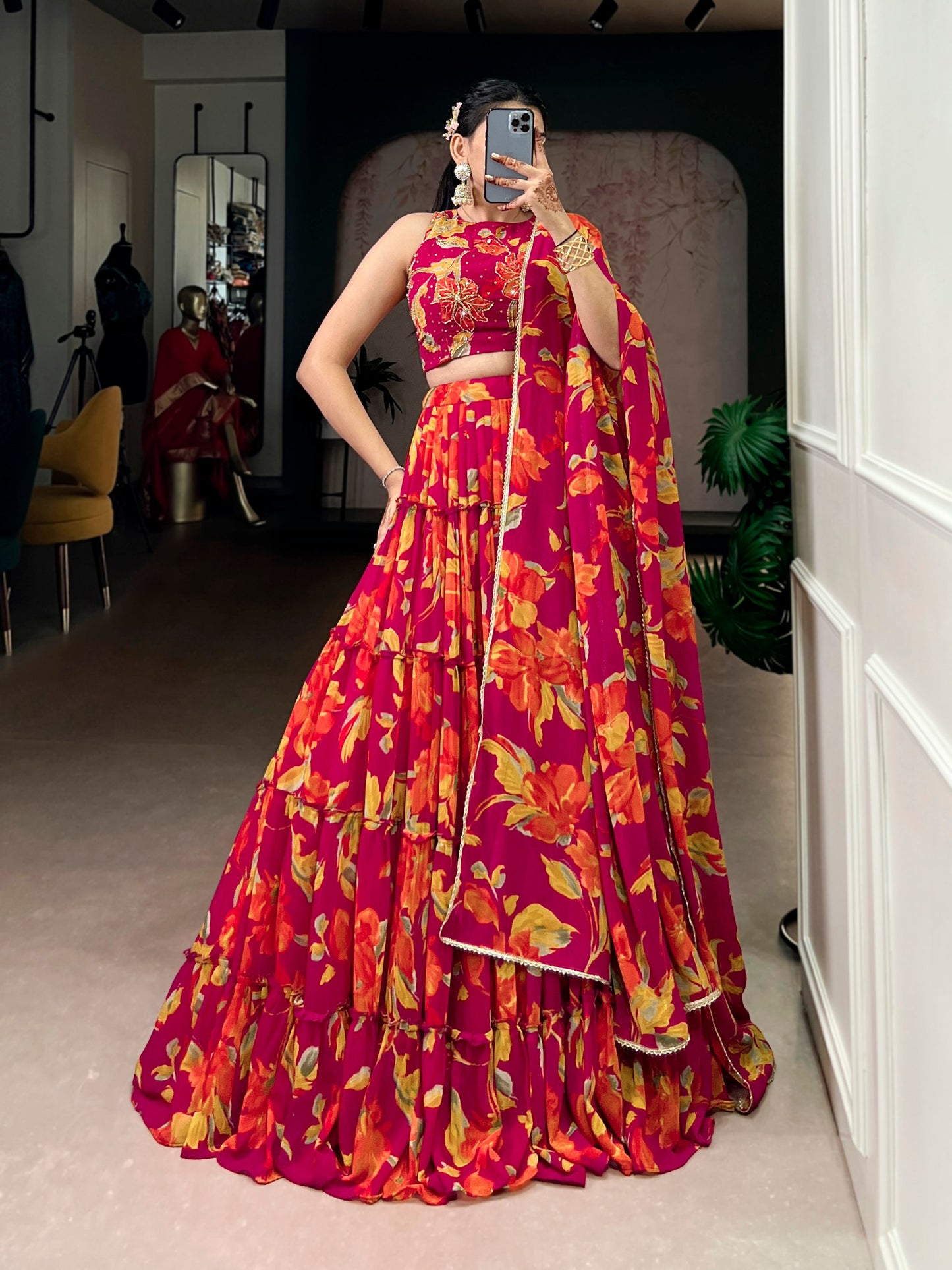 Elegant Floral Marble Print Lehenga Choli Set with Handwork and Lace Border Dupatta