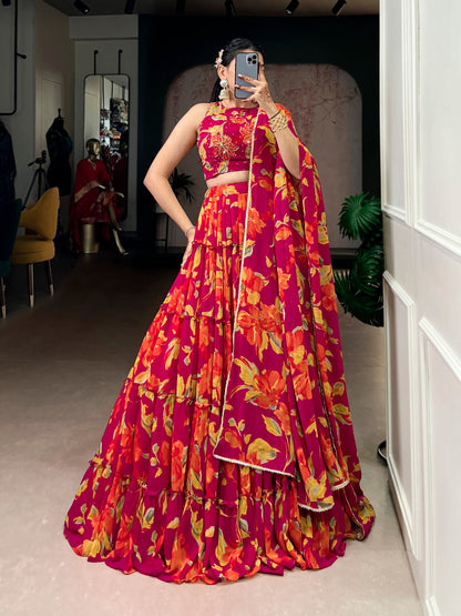 Elegant Floral Marble Print Lehenga Choli Set with Handwork and Lace Border Dupatta