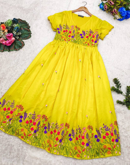 Rangbhoomi Yellow Floral Embrace Dress: Maska cotton with vibrant chain stitch embroidery. Shop now!