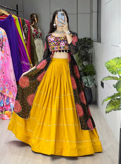 Colorful Bandhani Print Kurtis with Mustard Rayon Cotton Lehenga Sets