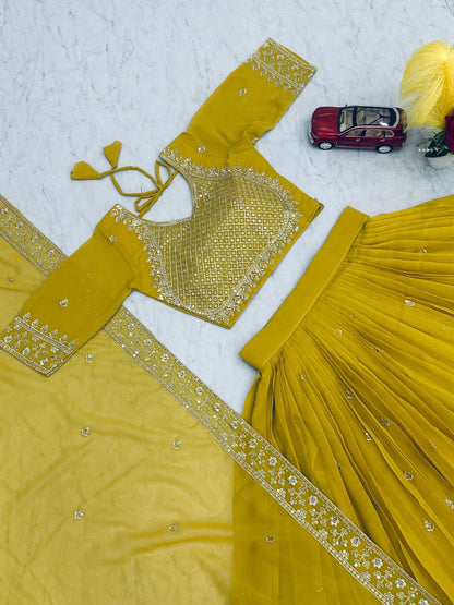 Flat lay of the lime green embroidered georgette lehenga choli set.