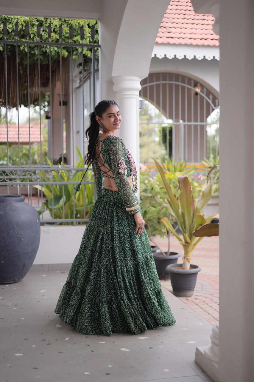 RangBhoomi Bandhni Faux Georgette Full-Stitched Lehenga Set with Designer Square Neck Blouse