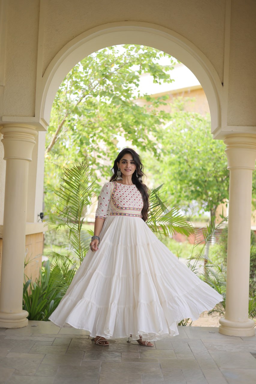 RangBhoomi Navratri Embroidered Kora Cotton Gown — Off-White & Black, 56" Length