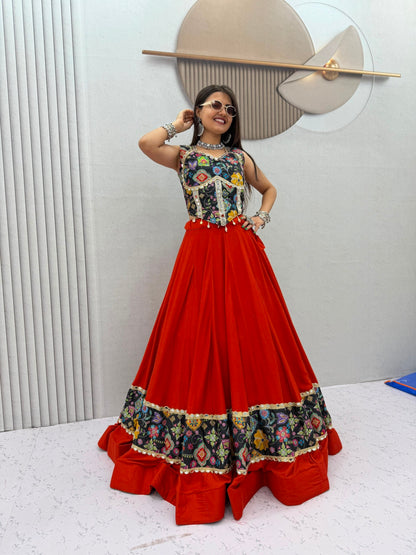 RangBhoomi Tapi-338 Big Flair 6 Meter Pure Cotton Lehenga Choli — Silk Choli, Fox Georgette Dupatta