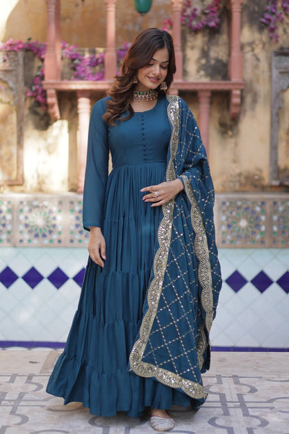 Flared Gown: Embroidered Dupatta - Shop Now!