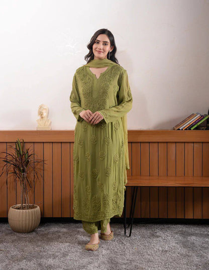 Exclusive Designer Faux Georgette Embroidered Suit with Matching Dupatta