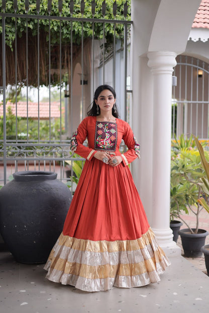 RangBhoomi Navratri Gown Collection 2026 — 14KG Rayon Kutchi Gamthi Thread Work, 12m Flair